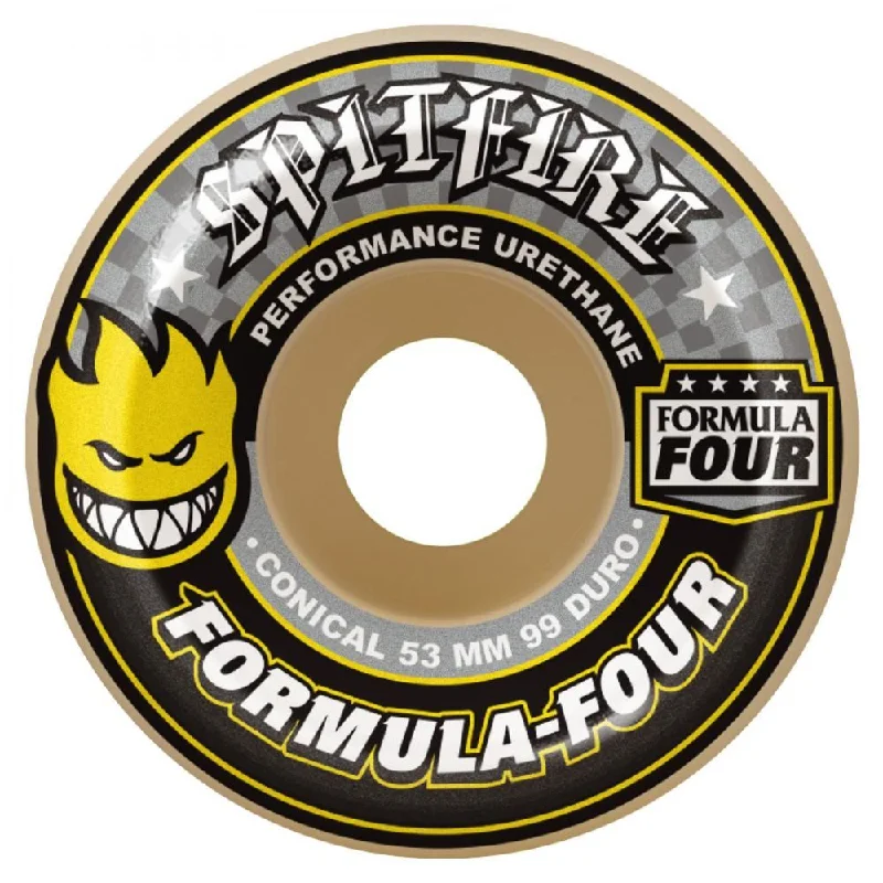 Spitfire Formula Four Skateboard Wheels Conical 99 DU (Yellow print) - White