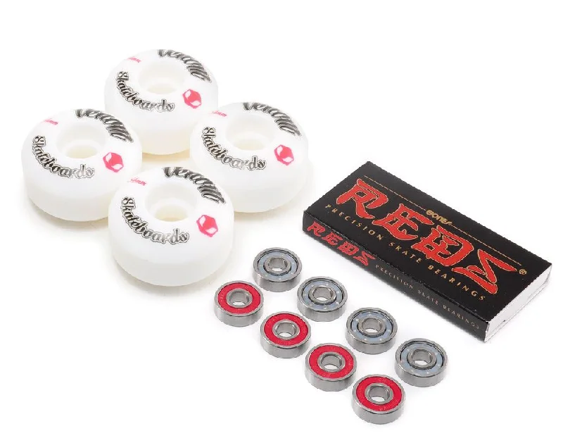 Venom Skateboards Logo White Skateboard Wheels & Bones Reds Bearings Pack