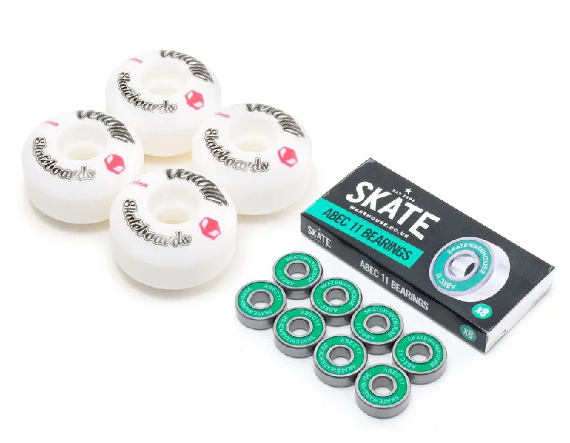 Venom Skateboards Logo White Skateboard Wheels & Skatewarehouse ABEC 11 Bearings Pack