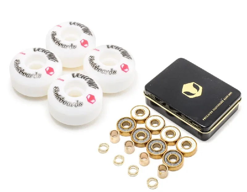 Venom Skateboards Logo White Skateboard Wheels & Venom Gold Bearings Pack